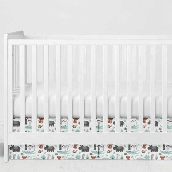 Crib or Toddler Bed Skirt or Dust Ruffle 100% Cotton Percale, Safari Jungle Aqua/Orange/Gray