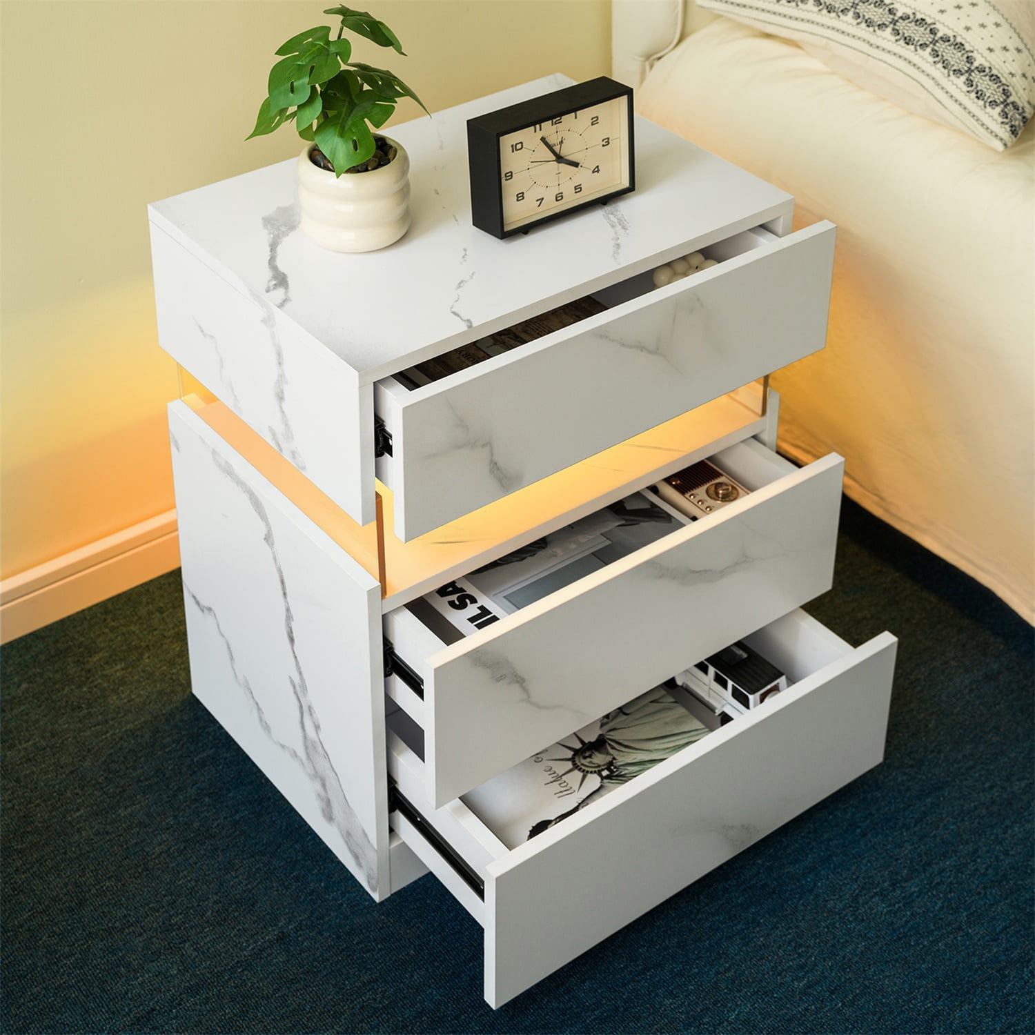 Hommoo 3 Drawer Dresser LED Nightstands, End Table Bedside Tables for Bedroom, Living Room, White Stone