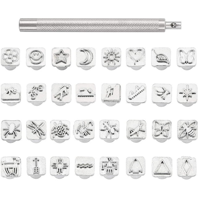 Juego de 32 piezas de sellos y punzones de acero inoxidable con temática de insectos para marroquinería, con 1 mango para marcar cinturones, bolsos y joyería DIY.