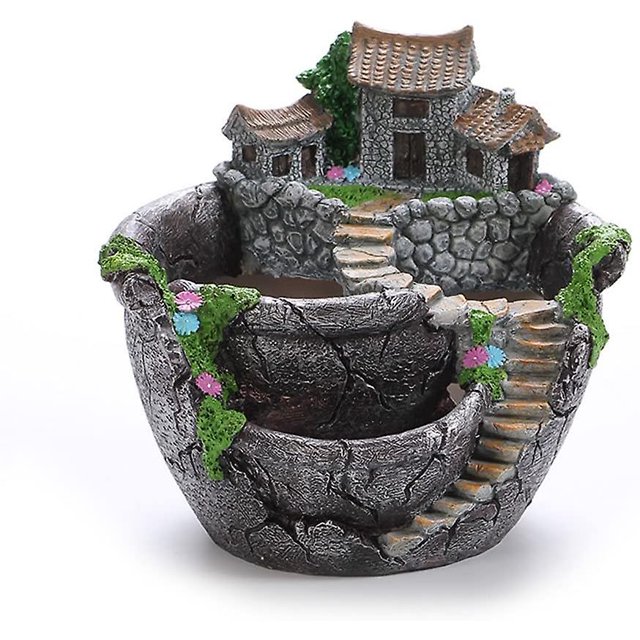 Macetas colgantes de plantas suculentas con flores artificiales, diseño de jardín con bonita casa (plata) Feliz Sencillez