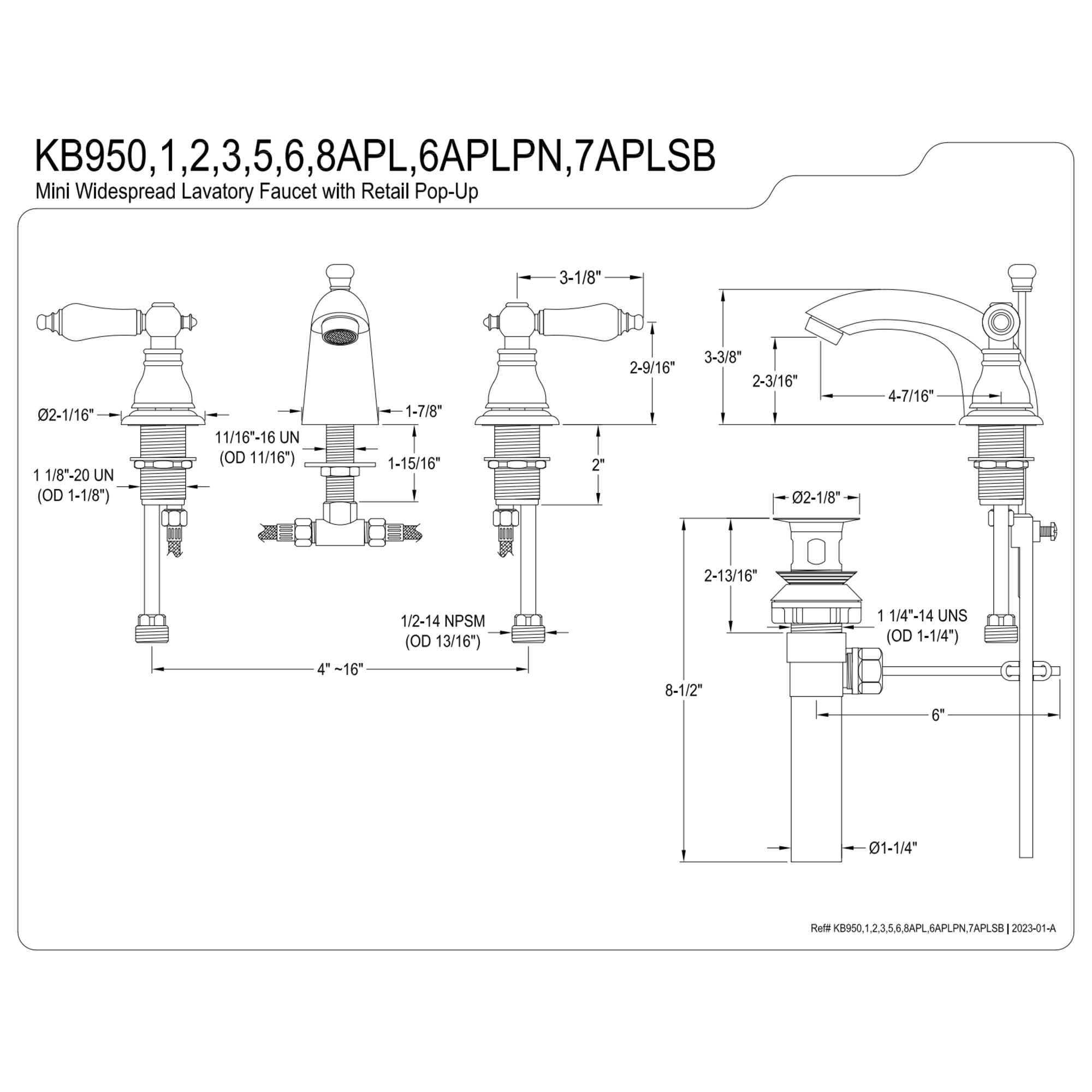Kingston Brass KB956APLPN American Patriot Mini-Widespread Bathroom Faucet with Pop-Up Drain, Polished Nickel
