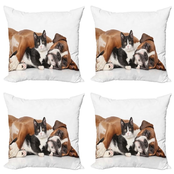 Ambesonne Funny Throw Pillow Cover 4 Pack, Cat Dog Friendship, 24", Brown Black White