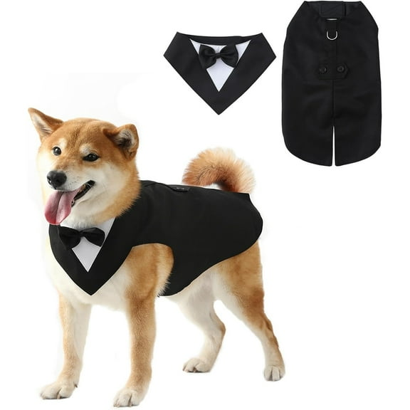 UOSIA Dog Tuxedo Dog Suit and Bandana Set Dogs Formal Wedding Party Costume Shirt,L,Black