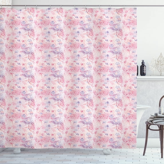 Floral Shower Curtain, Pink Shades of Abstract Roses and Petals Theme Blending with Each Other Composition, Fabric Bathroom Set with Hooks, 69W X 84L Inches Extra Long, Multicolor, by Ambesonne