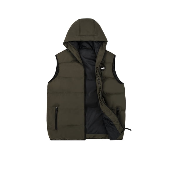 Men's winter warm quilted down vest, sleeveless zipper, with hooded design, with multiple pockets, non-elastic fabric, casual style.