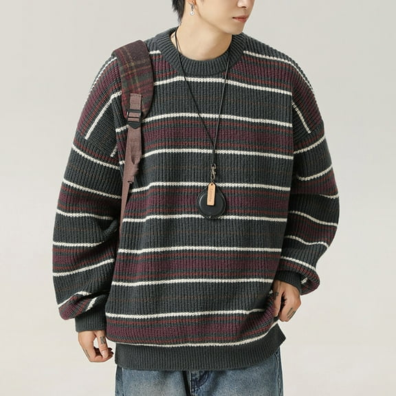 WAENQINLA Mens Y2k Striped Sweater Vintage Aesthetic Oversized Knitted Pullover Tops Long Sleeve Crewneck Knitwear Top Dark Gray L