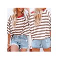 thumbnail image 2 of Yunliwuli Women Short Sleeve T-Shirts Stripe Contrast Color Round Neck Shirts Summer Casual Loose Fit Tops Streetwear, 2 of 8