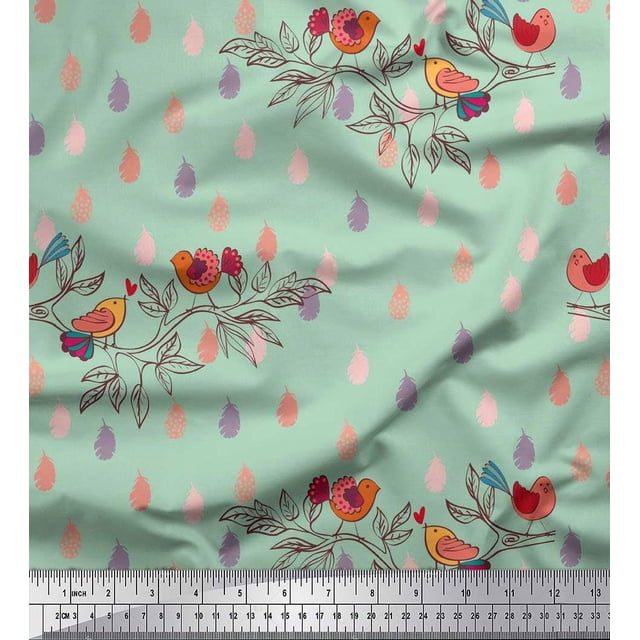 Soimoi Silk Fabric Feather,Branch & Bird Kids Fabric Prints by Yard 42 Inch Wide