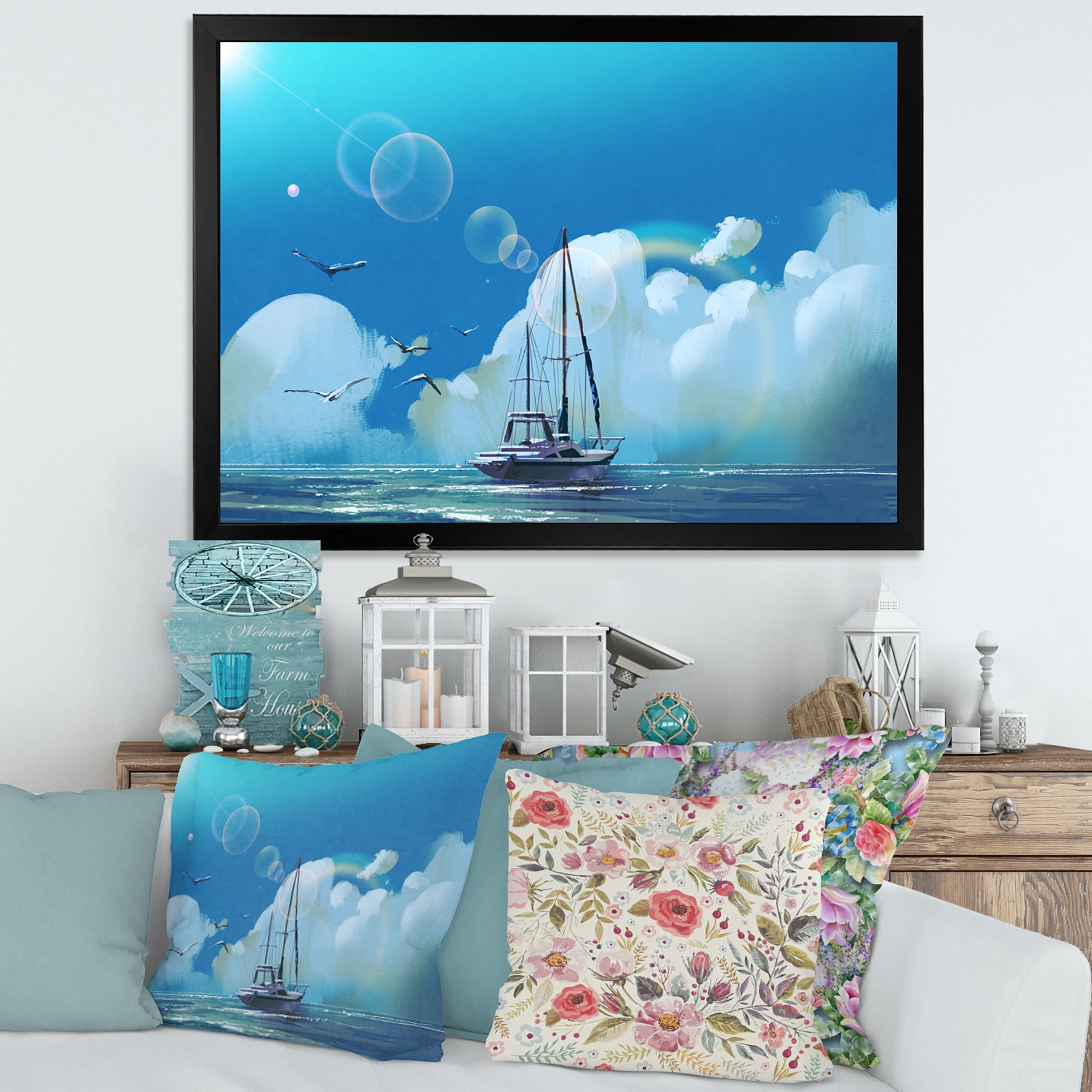 Designart 'The Sailboat On The Blue Sea Against Summer Clouds Sky' Nautical & Coastal Framed Art Print