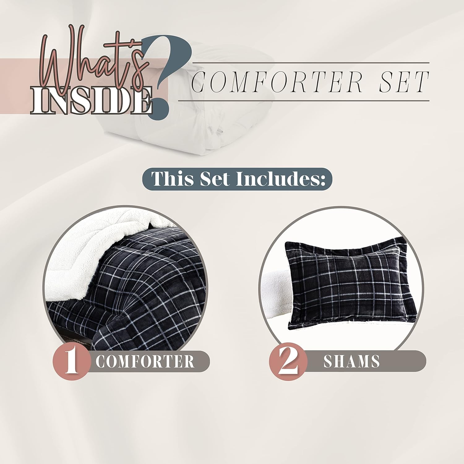 Elegant Comfort Soft & Plush Sherpa Comforter - Lilith Plaid Collection, 3-Piece Bed Set, Reversible Down Alternative Micro-Suede, Plaid Design, Cal King, Charcoal Black