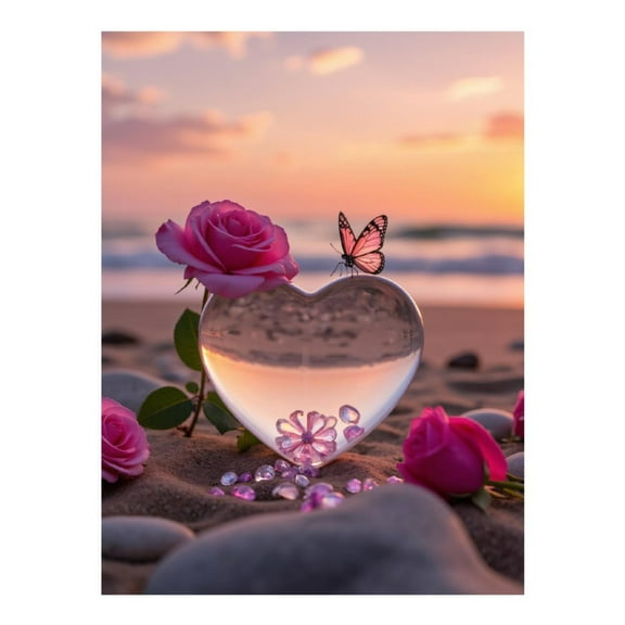 Diamond Art Kit for Adults, Crystal Heart Beach Sunset Beauty Diamond Painting for Adults Beginners, DIY Diamond Art Painting Kits, 5D Diamond Painting Crafts for Home Decor 12x16 Frameless