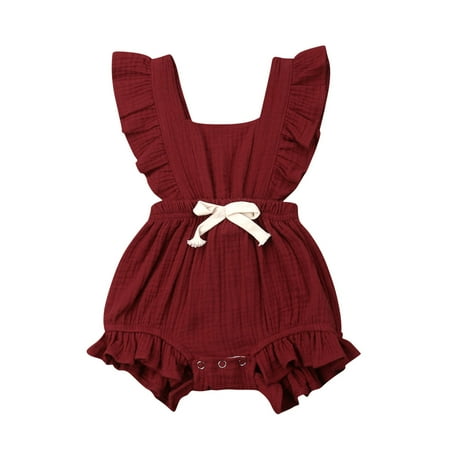 

Douhoow Newborn Baby Girl Sleeveless Romper Ruffle Solid Color Square Beck Bow Jumpsuit 0-24 Months