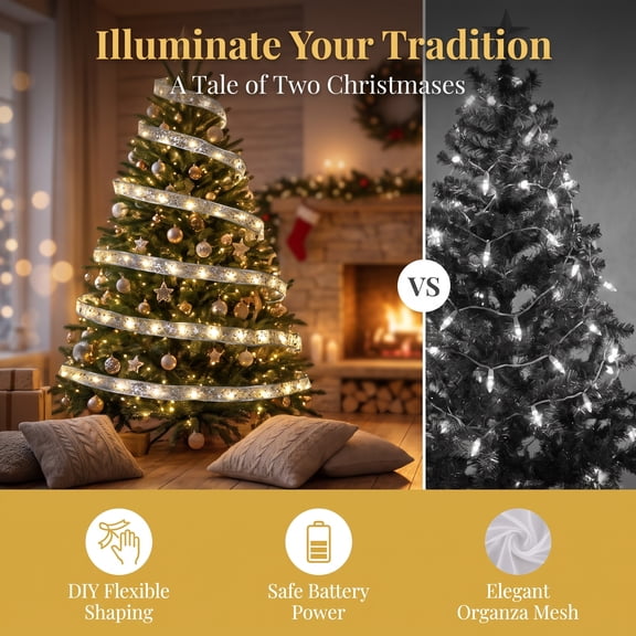 Christmas Ribbon Lights 18Ft Double Layer Gold Stamping LED String Lights Battery Operated for Christmas Tree Indoor Outdoor Christmas Decorations by MPOISVA