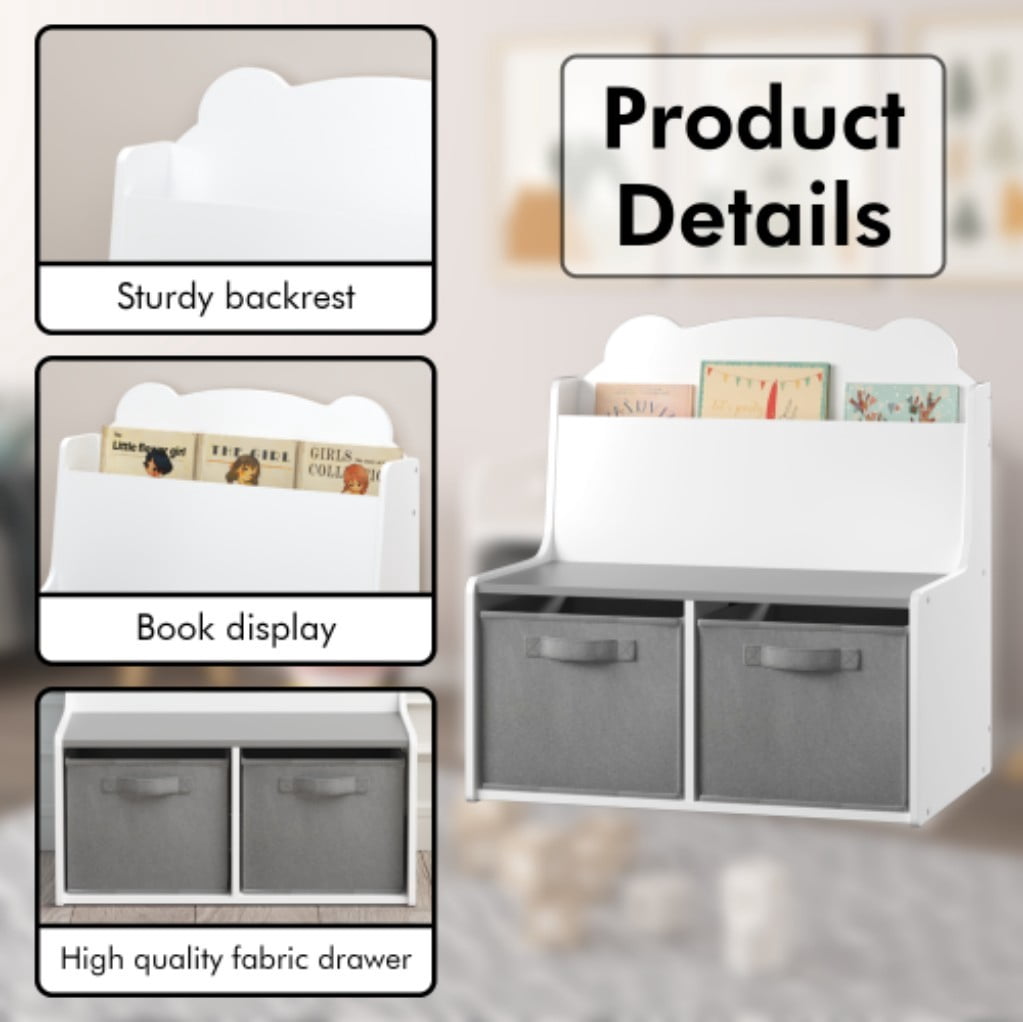 Kids Bookshelf with Storage Bins, Wooden Bookcase with Front-Facing Book Display & 2 Removable Fabric Bins, Bear-Shaped Backboard, White & Gray