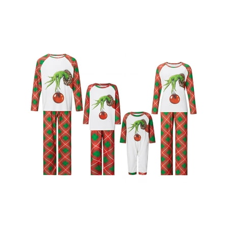 Christmas Family Pajamas Matching Set, Cartoon Print Raglan Sleeve Tops and Elastic Plaid Pants Loungewear