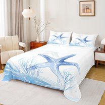 Homewish Cartoon Ocean Starfish Queen Sheet Sets for Kids, Kawaii Marine Sealife Flat Sheet, Blue Watercolor Queen Fitted Sheet, Luxury Bedroom Decor, 4pcs