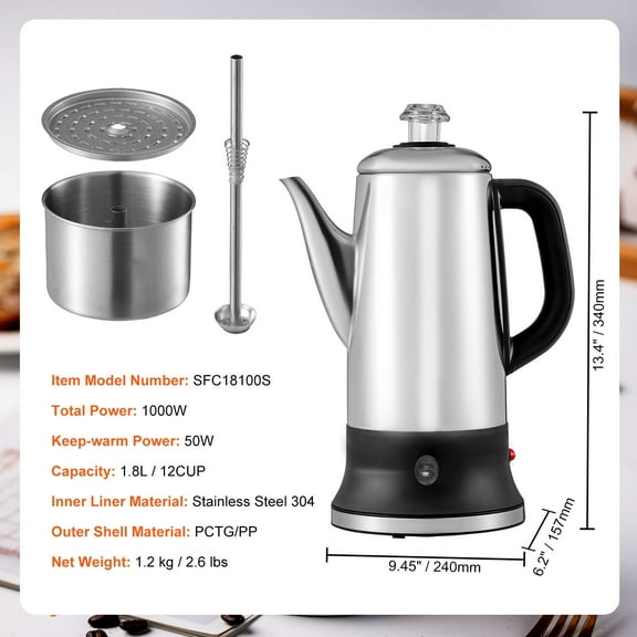 Vizlon 12-Cup Electric Coffee Percolator - 304 Stainless Steel with Keep Warm Function - Quick Brew, Easy-Pour Spout & Heat-Resistant Handle (Silver)
