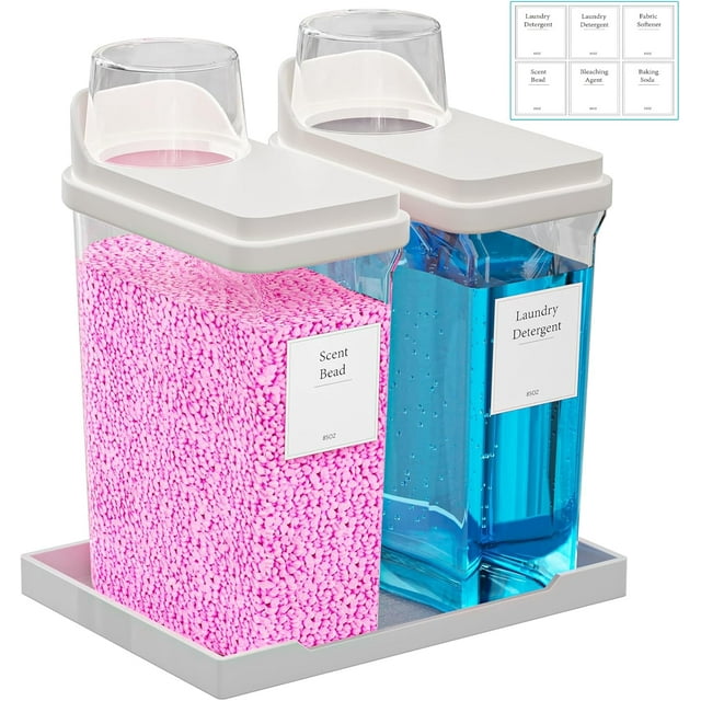 Hordely 85 OZ Laundry Detergent Dispenser, 2 Pack Liquid Laundry Detergent Powder Dispenser, Plastic Fabric Softener Dispenser for Laundry Room with Labels Tray, Clear