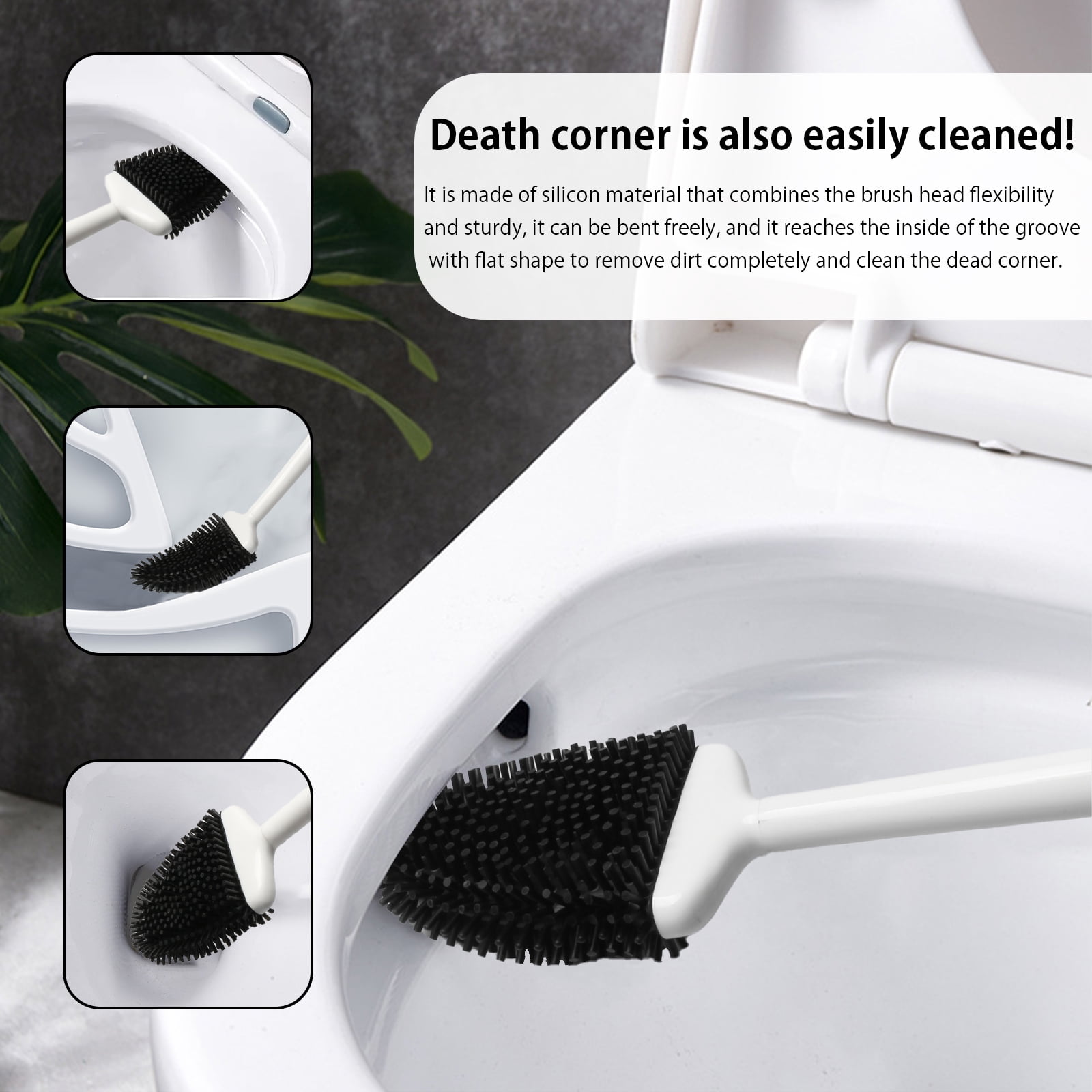 Bathroom Toilet Brush and Holder Set, Toilet Bowl Cleaner Bendable Tongue-Shaped Silicone Brush Head Anti Splash Bristles, Self Closing Quick Drying Holder in White