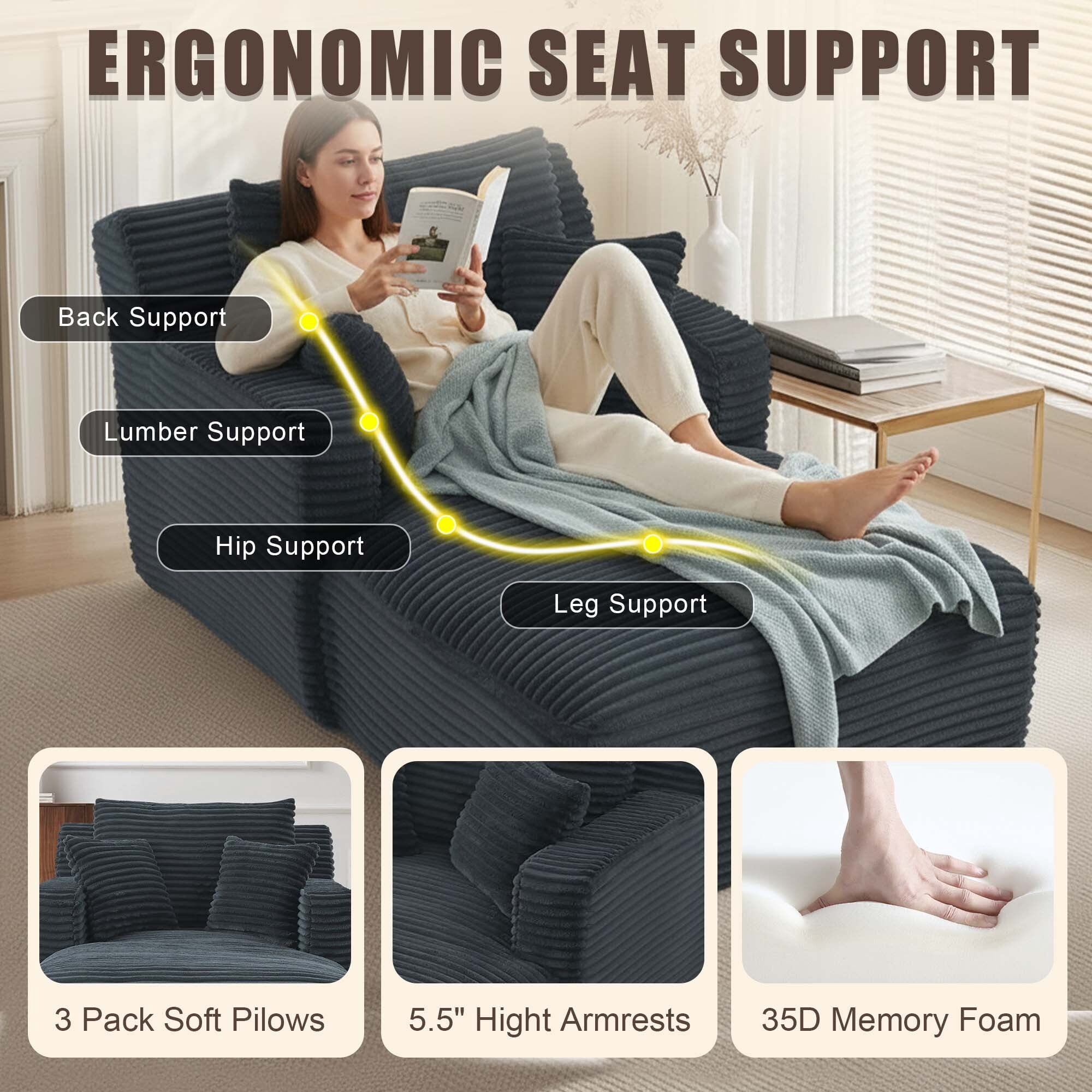 Kosynda 65"D Oversized Chaise Lounge Chair Indoor, Corduroy Upholstered Boneless Sofa Bed with 3 Pillows for Living Room, Gray