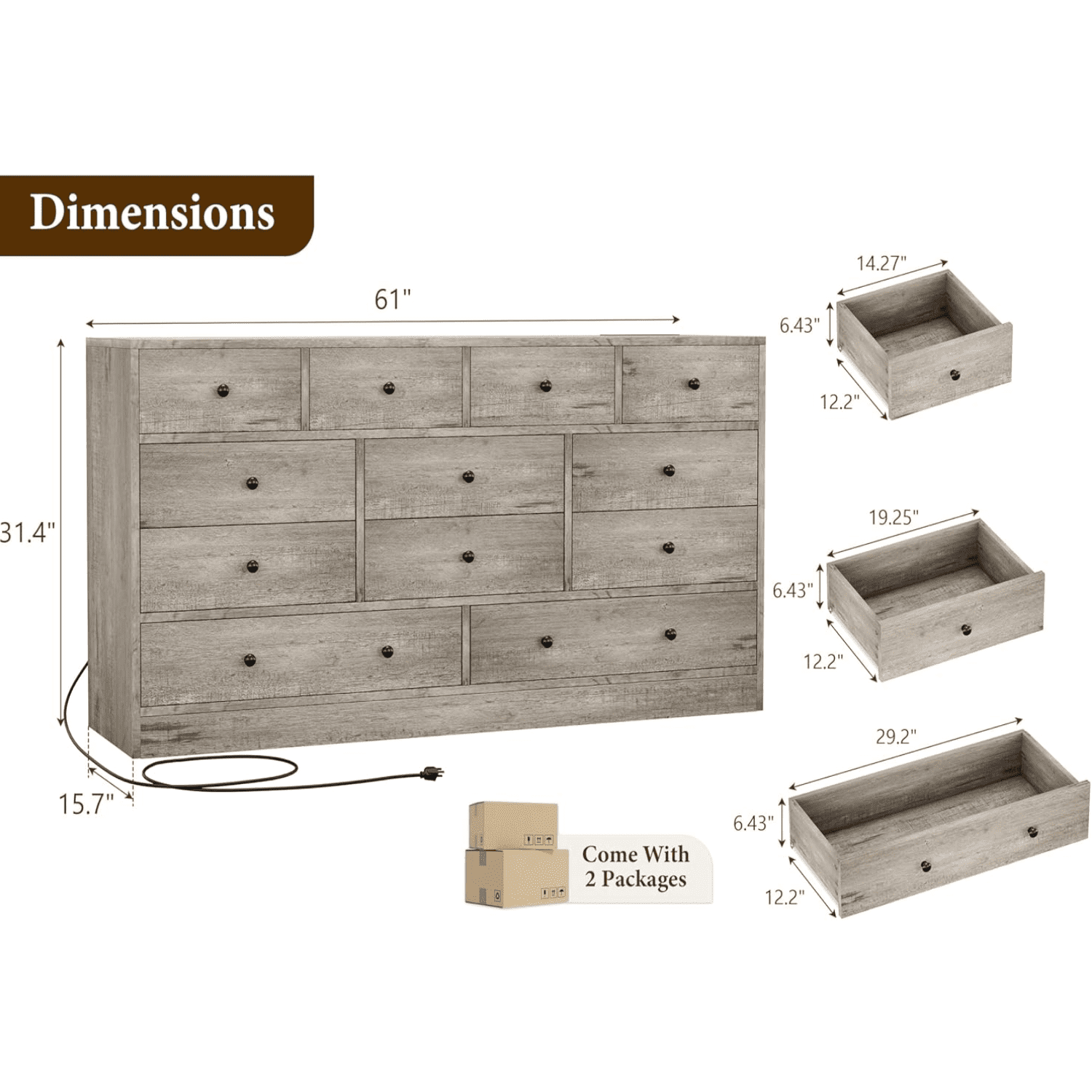 12 Drawer Dresser for Bedroom, 61 Inch Dresser with Power Outlet, Modern Chest of Drawer, Wood Triple Wide Drawer Organizer Cabinet for Bedroom, Living Room, Entryway, Hallway