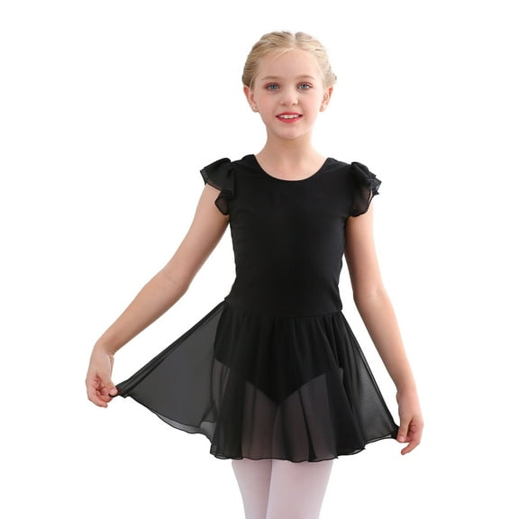 Stelle Ballet Leotard Ruffle Sleeve with Chiffon Skirt Ballerina Dance Dress for Girls,Black,7-8 Years