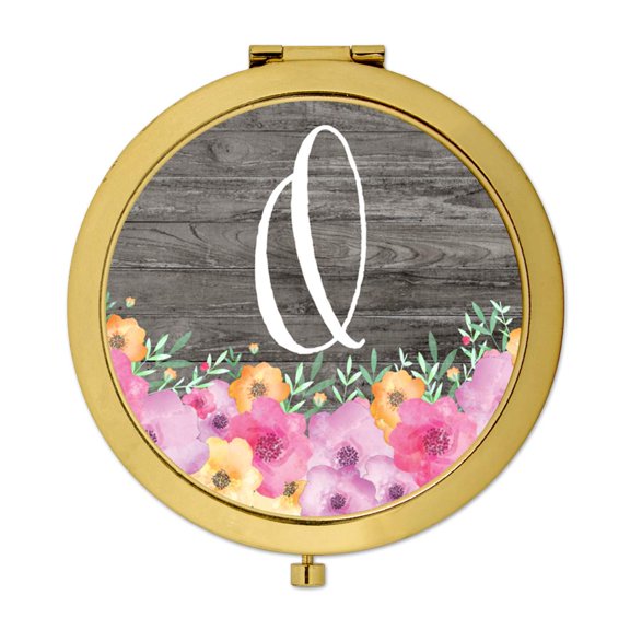 Koyal Wholesale Gold Compact Mirror Bridesmaid's Wedding Gift, Pink Floral Flowers on Rustic Gray Wood, Monogram O, 1-Pk