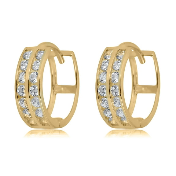 AVORA 10K Yellow Gold Double Row Simulated Diamond CZ Huggie Hoop Earrings