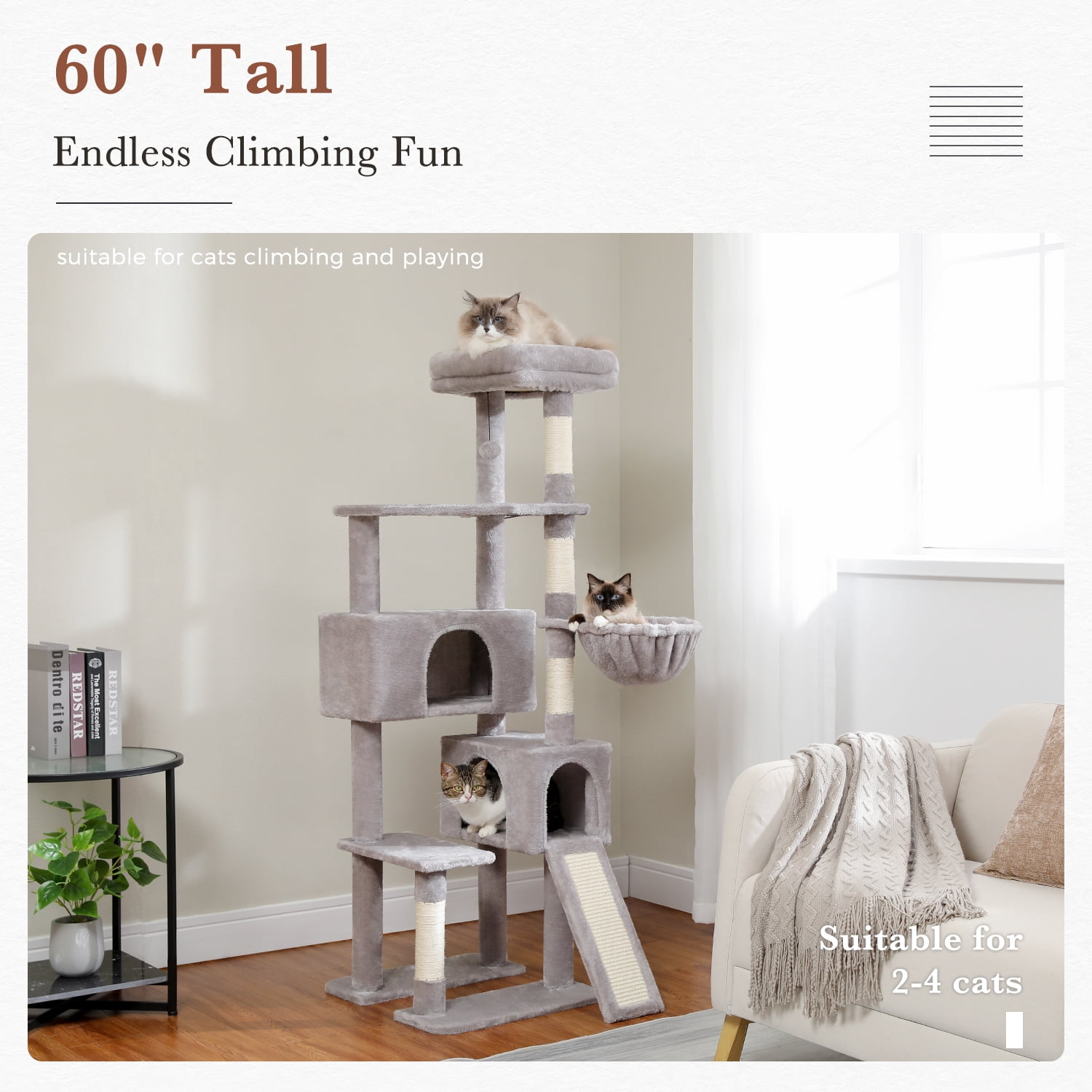 PEQULTI 61" Modern Cat Tree Large Cat Tower with Ladder and Dual Condos Indoor Light Gray