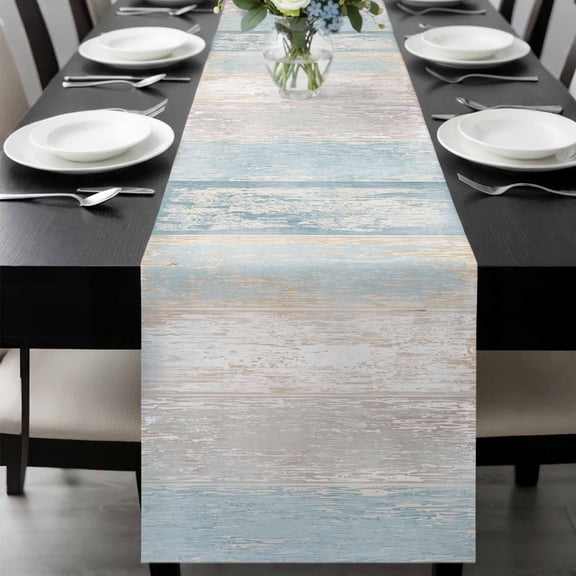 Blue Beige Farmhouse Table Runner 48 Inches Long, Vintage Wooden Striped Kitchen Coffee Dining Table Decoration for Home Party Birthday Wedding Home Decor 13x48 Inches
