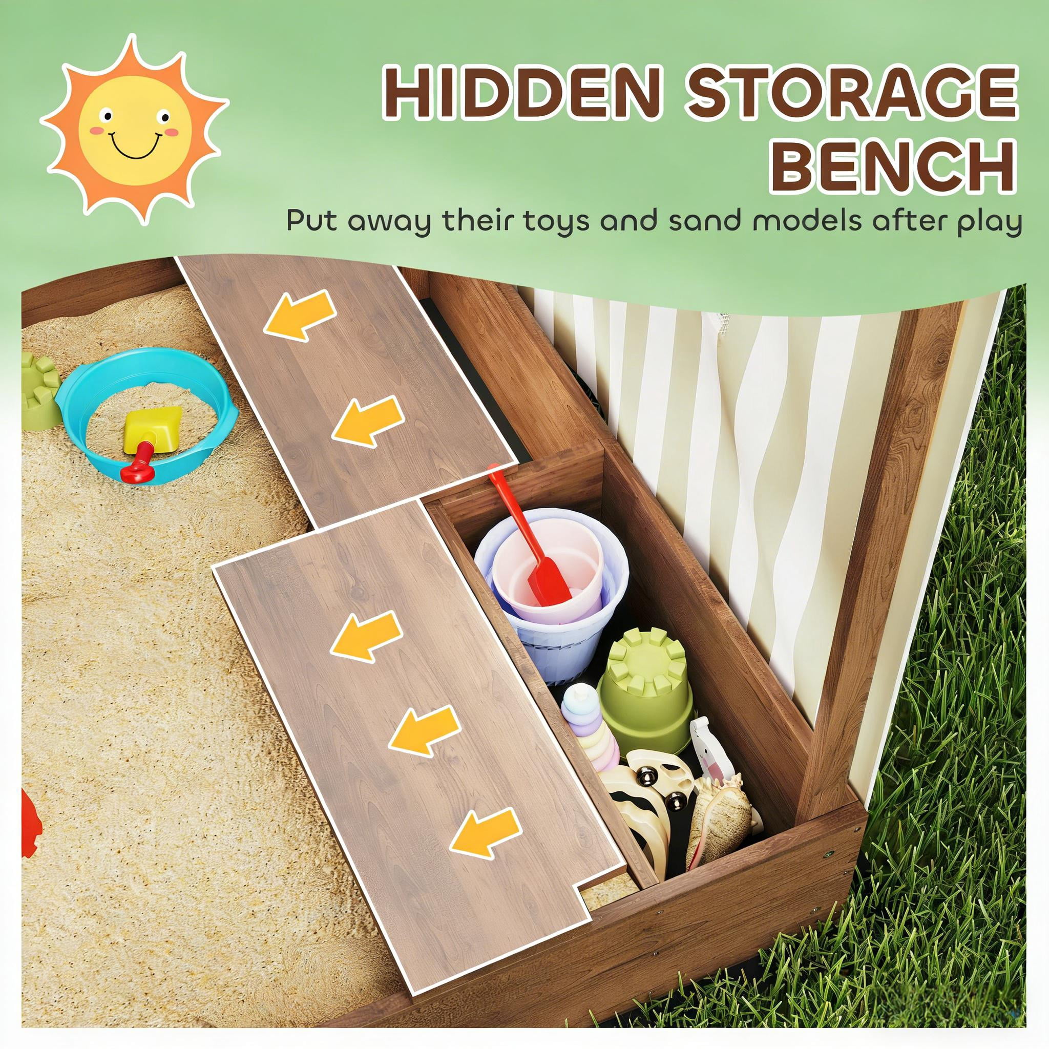 Kids Wooden Sandbox with Full Canopy & Mesh Door, Outdoor Sand Pit with 4-Seat Benches & Under-Seat Storage, Bottom Liner Sandbox for Backyard Play, Ages 3-6