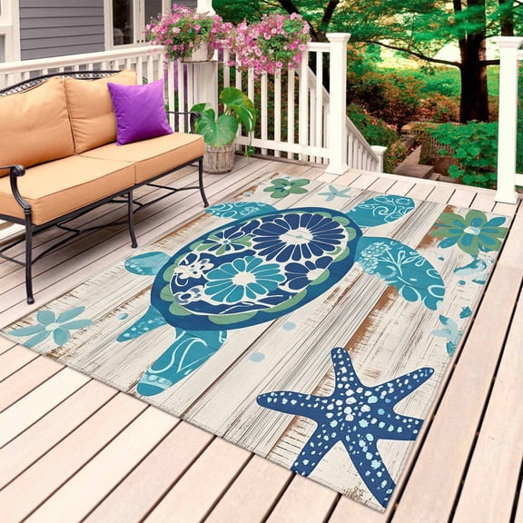 Sea Turtle Coastal Outdoor Rug 3x5 Ft, Non Slip Washable Area Rug, Summer Beach Starfish Nautical Patio Rugs Carpet Runner, Large Floor Mat for Indoor/Outdoor Deck Porch Camping