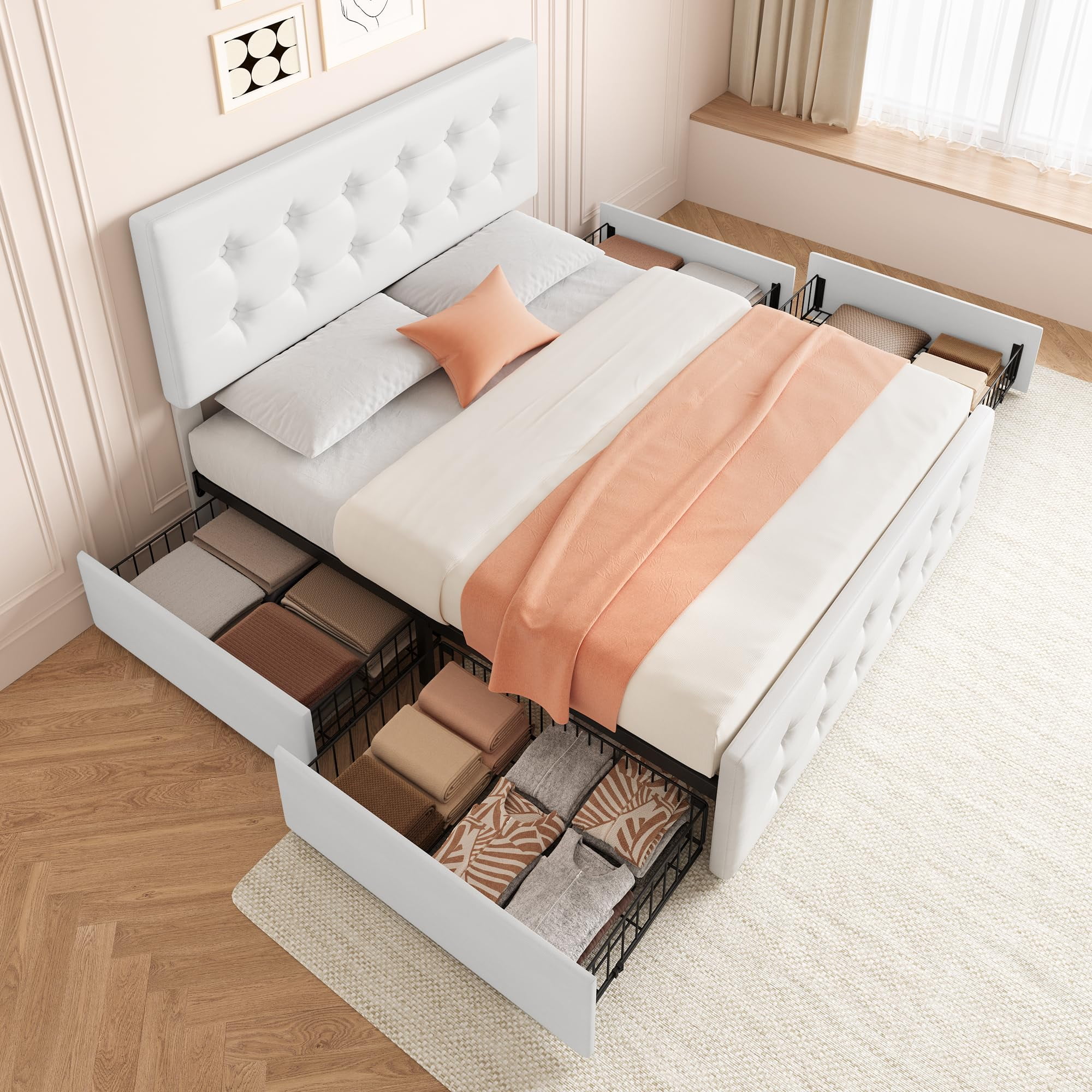 Maritcute Full Size Bed Frame with 4 Storage Drawers and Adjustable Headboard, Upholstered Mattress Foundation with Skin-Frienly Linen, No Box Spring Needed, Off-White