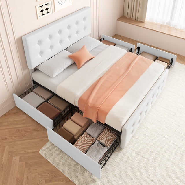 Bed Frame, Linen Upholstered Platform Bed Frame with 4 Storage Drawers and Adjustable Headboard, Button Tufted Design Bed Frame with Sturdy Wooden Slats Support, No Box Spring Needed