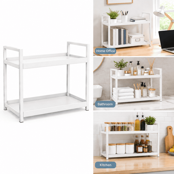 Yangxin 2-Tier Multifunctional Metal Desktop Storage Rack, Versatile Organizer for Bathroom Cosmetics, Kitchen Condiments, and Office Desk Supplies.