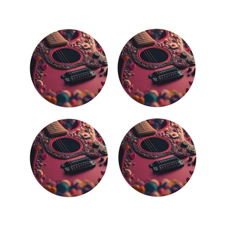 

Tideii Romantic Heart Guitar for Leather Coasters 4 Pieces Anti-fouling and Anti-scalding Decorative Coasters Suitable for Restaurants Kitchens Coffee Shops-Round Shape
