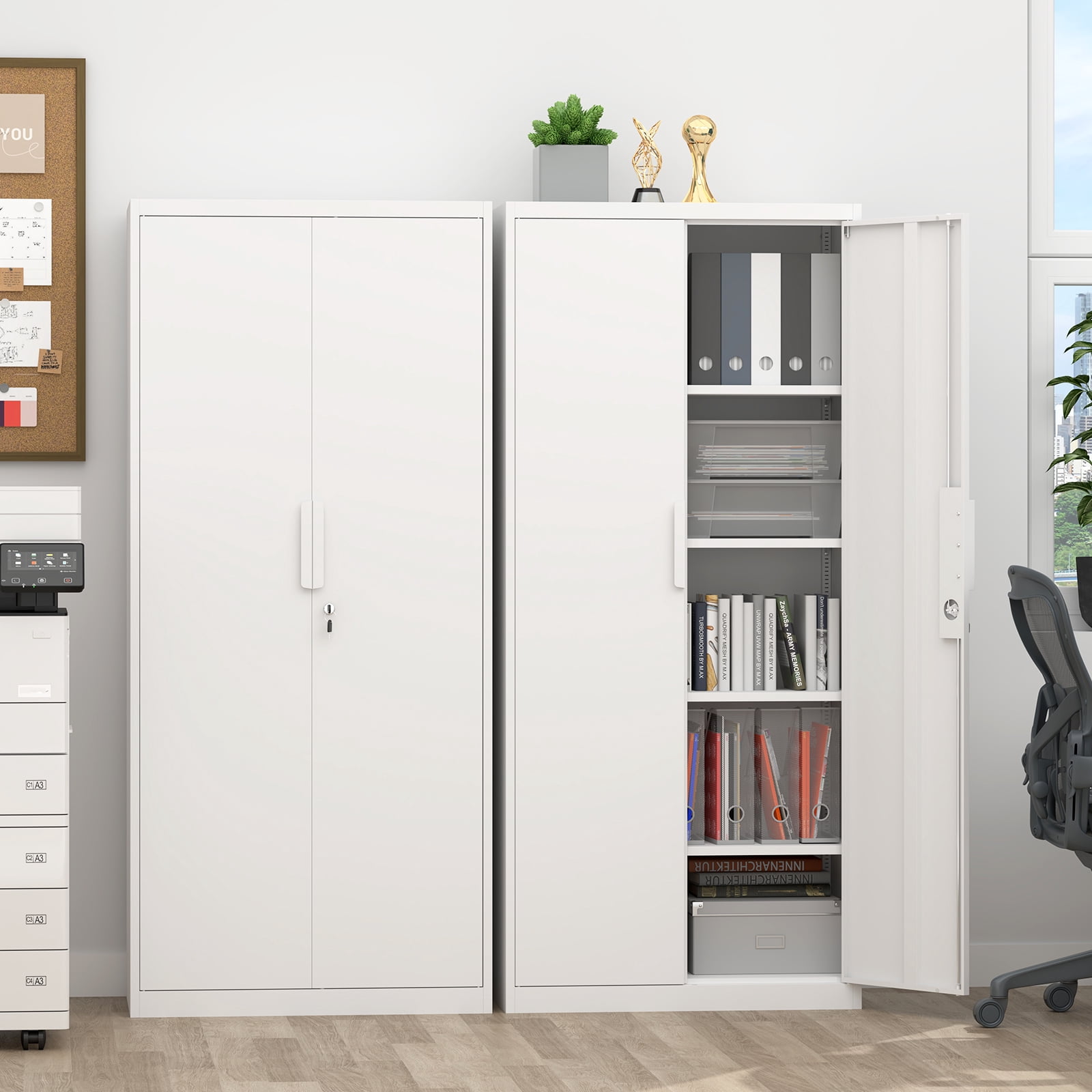 Marcree Metal Garage Storage Cabinet with 2 Doors and Adjustable Shelves - 71" Steel Lockable File Cabinet, Locking Tool Cabinets for Office, Home, Garage, Gym, School (White)