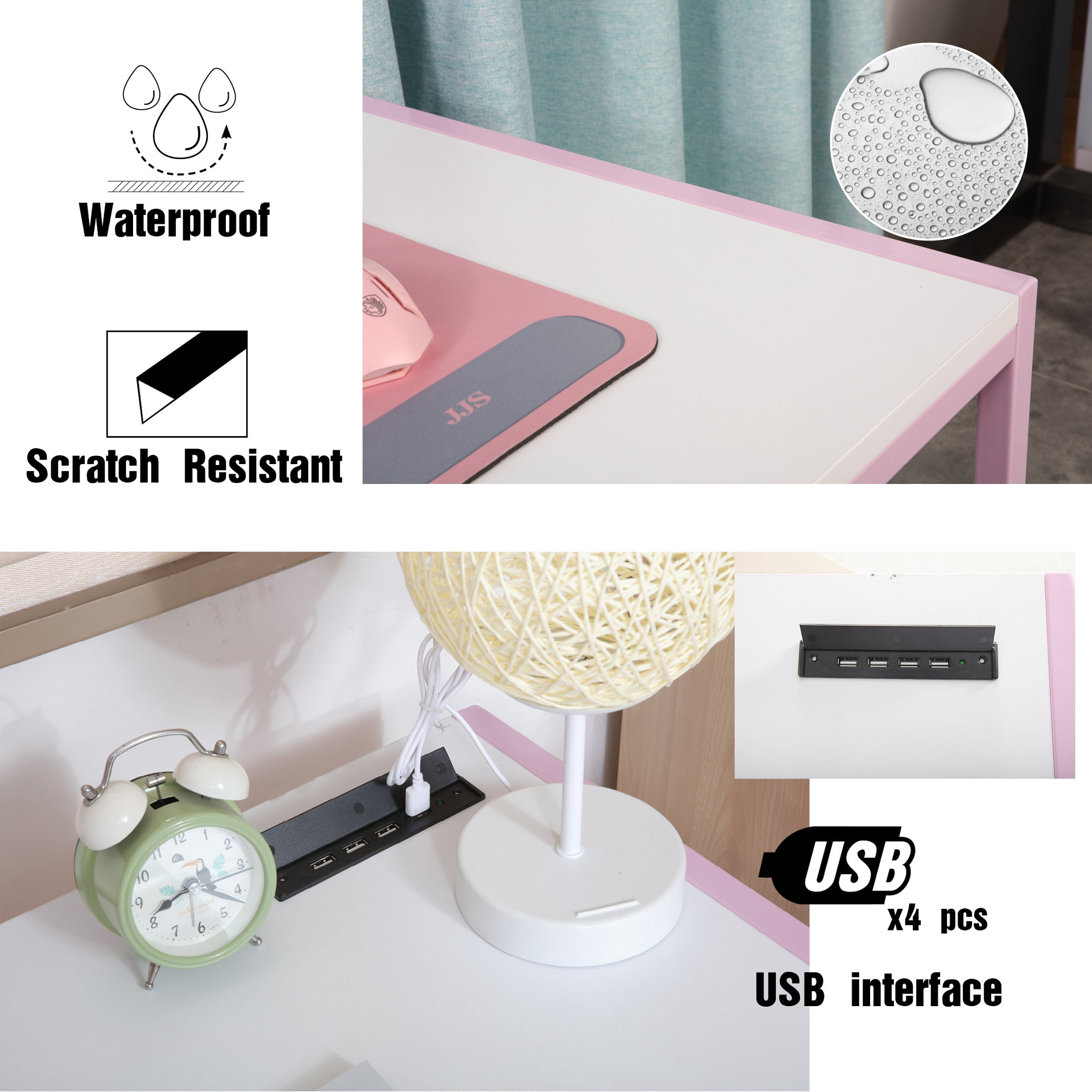 JJS Small Computer Desk Simple Style Writing Desk for Small Spaces 31 Inch Home Office Modern Student Study Laptop Writing Table with Storage Bag USB Hub, White/Pink