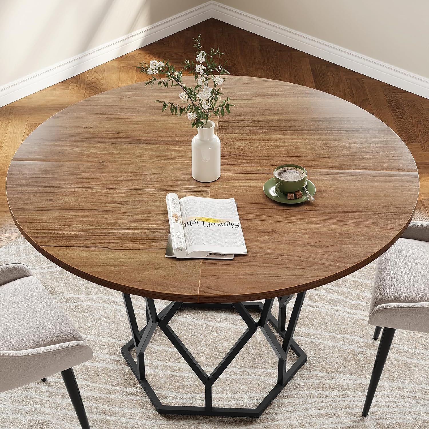 M optimized Round Dining Table for 4-6 People, 47" Farmhouse Kitchen Table, Modern Circle Dinner Table with Sturdy Base, Industrial Wood Dinning Room Table for Kitchen