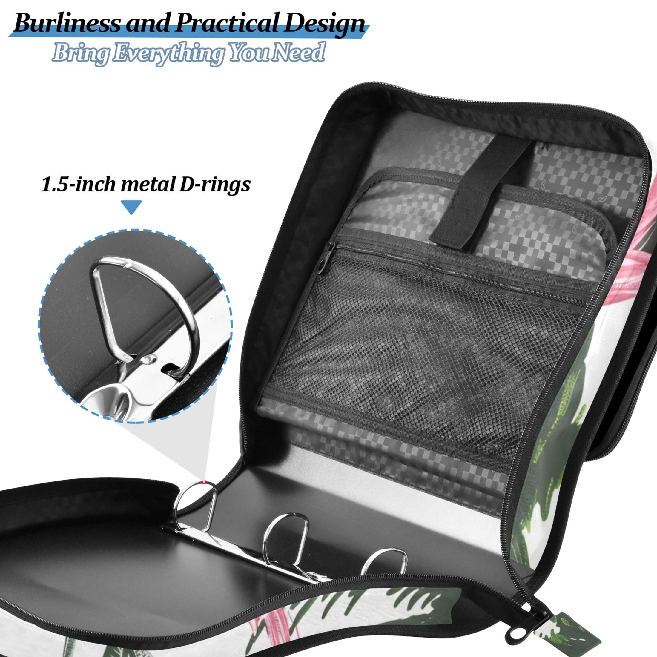 3 Ring Zipper Binder with Shoulder Strap Waterproof Trapper Keeper 2 Inch D-Ring 500 Sheets Capacity Flamingos and Palm Trees