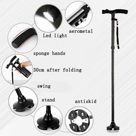 PreAsion Folding Cane LED Light Elderly Safety Walk Stick Black