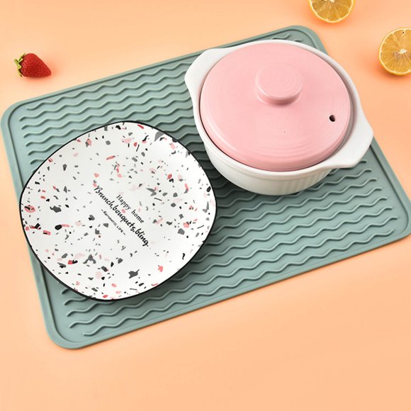 Vadktai Silicone Dish Drying Mat for Kitchen Counter, Eco-Friendly Quick Dry Dish Mat, Easy Clean Multi Usage Drying Matt, Heat Resistant Trivet, 12" x 16" Large