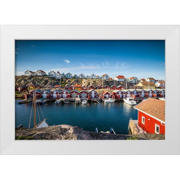 Bibikow, Walter 14x11 White Modern Wood Framed Museum Art Print Titled - Sweden-Bohuslan-Smogen-Smogenbryggan-antique boat houses and fishing shacks