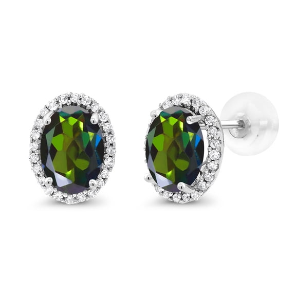 Gem Stone King 10K White Gold Tourmaline Green Mystic Topaz and White Diamond Halo Stud Earrings for Women | 1.94 Cttw | Gemstone November Birthstone | Oval 7X5MM
