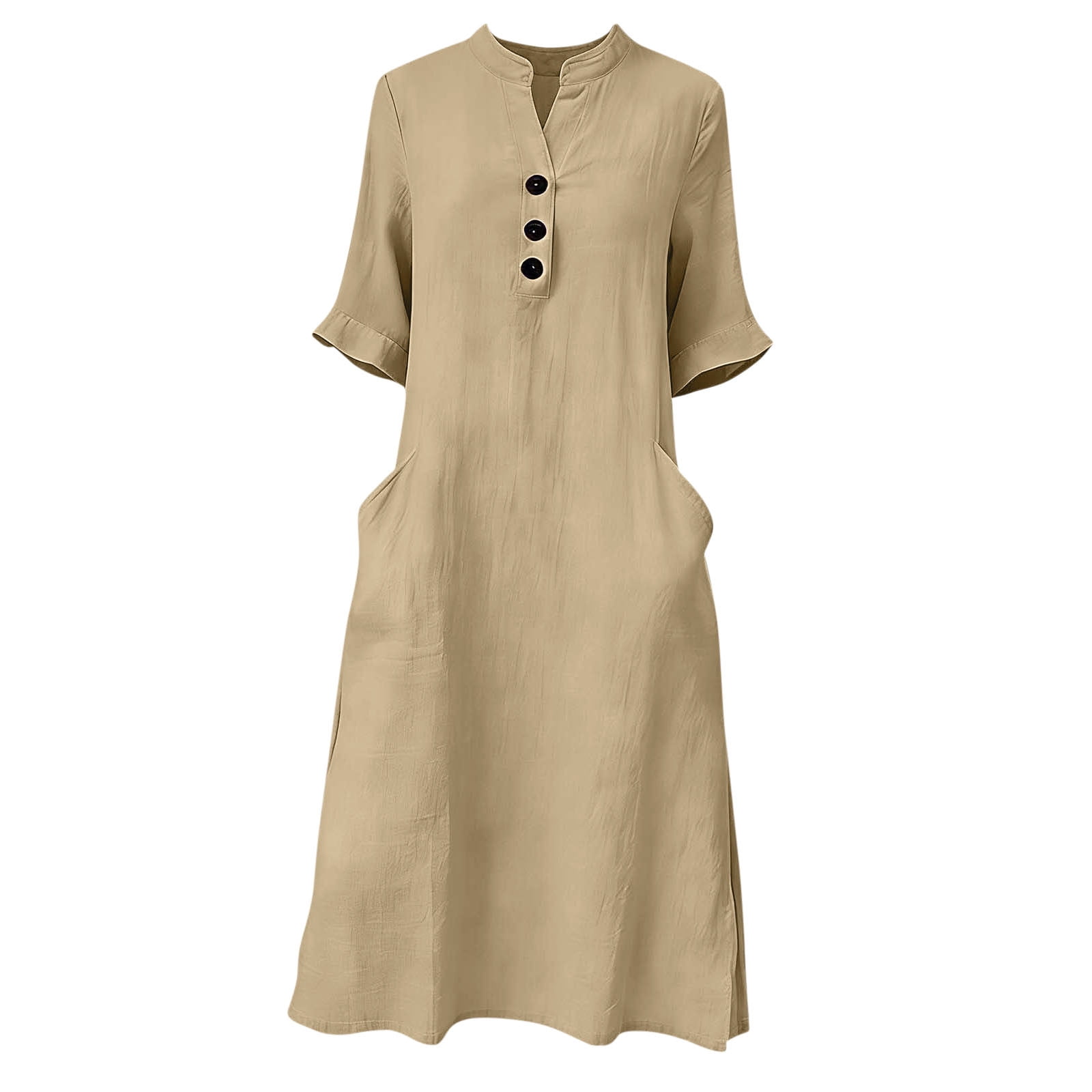 3/4 Sleeve Linen Midi Dress for Women Summer Loose Button Up Stand Collar A-Line Beach Vacation Dresses with Pockets