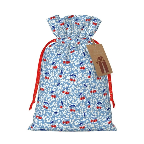 Naloa Red Cherries Drawstring Christmas Bags, 3D Xmas Gift Bags, Christmas Wrapping Bags, Xmas Goodie Bags, Treat Pouch Bags, Party Favor Bags-Small