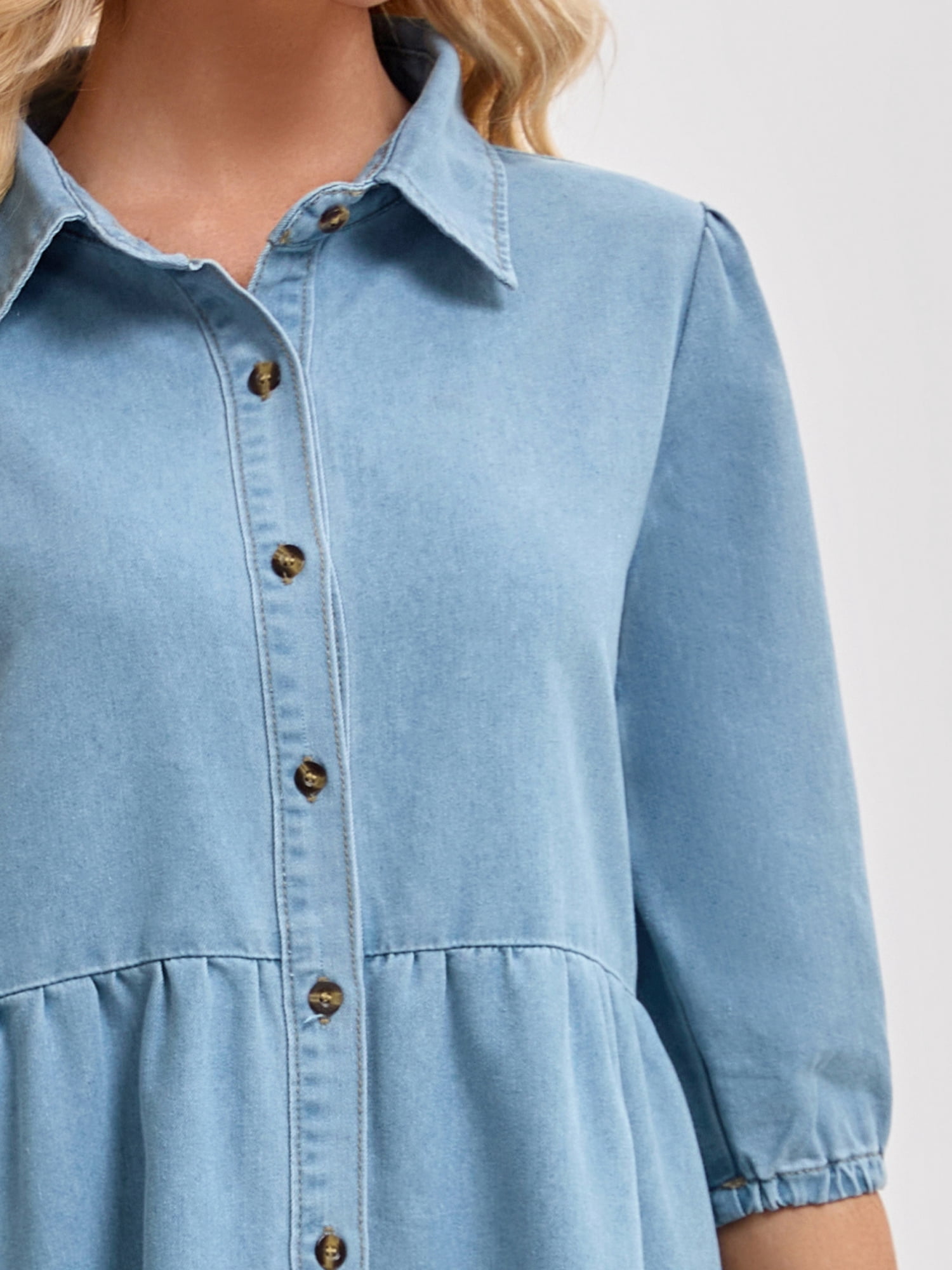 DARING DIVA Women's 3/4 Sleeve Button Down Collar Swing Tiered Dress M Pale Blue