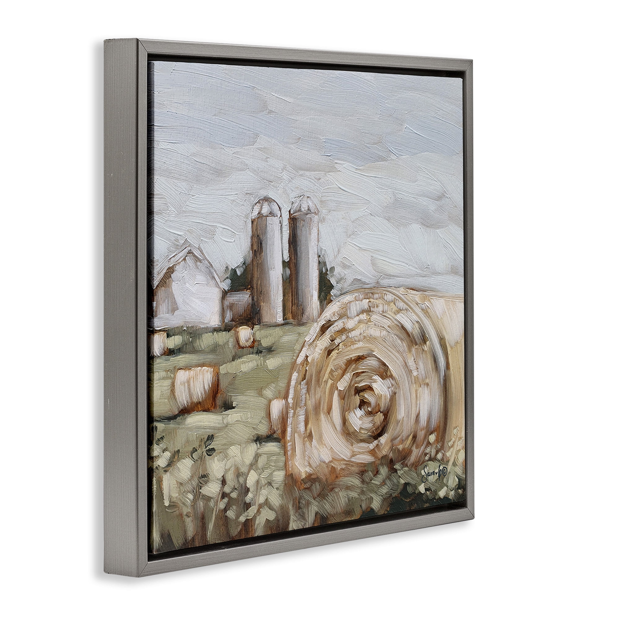 Stupell Industries Hay Bales Farmland Pasture Landscape Painting Gray Floater Framed Canvas Art Print Wall Art, 25 x 25