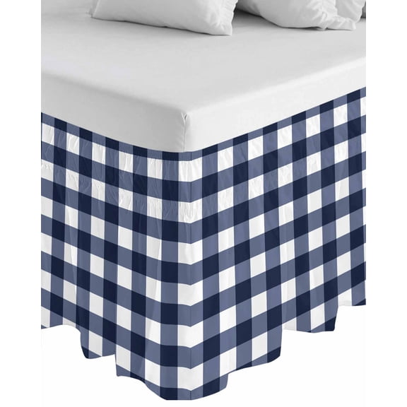 Navy Blue Check Wrap Around Bed Skirts for King Bed 16" Drop, Bed Skirt with Adjustable Elastic Belt Dust Ruffle Bed Valance for Bedroom Hotel Luxury Farmhouse Buffalo Plaid Blue Bed Frame Cover