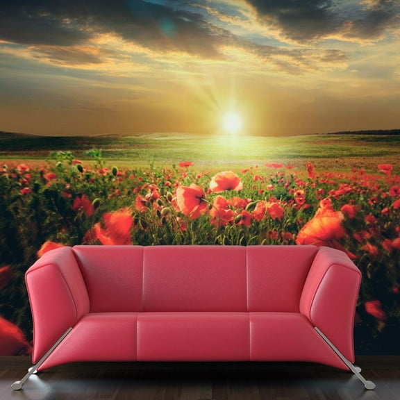 Tiptophomedecor Landscape Wallpaper Wall Mural - Morning On The Poppy Meadow